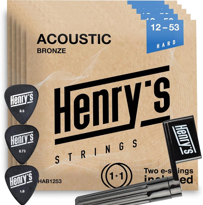Henry's Strings 4+1 Acoustic Guitar Strings PowerTone - Deep & Rich Sound - String Winder & 3x Picks & Extra 5xE1 Strings - Acoustic Guitar 6 Strings Set 12-53 - Image 1